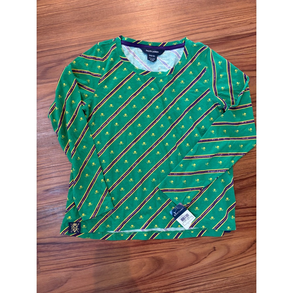 Ralph Lauren girl Green Striped Skull Crossbones Long Sleeve T-Shirt Size M 8-10